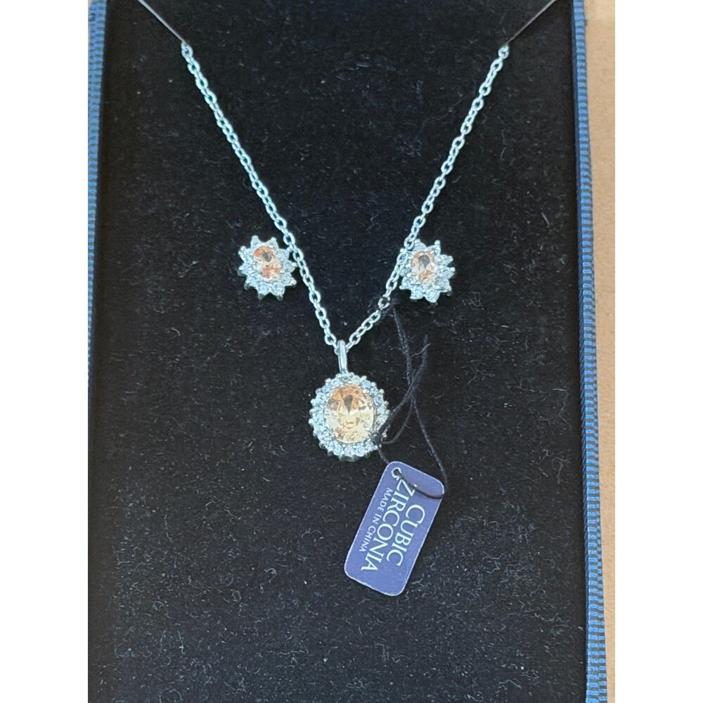 NWOT Sterling Silver Cubic Circonia Citrine Pierced Earring Necklace Set